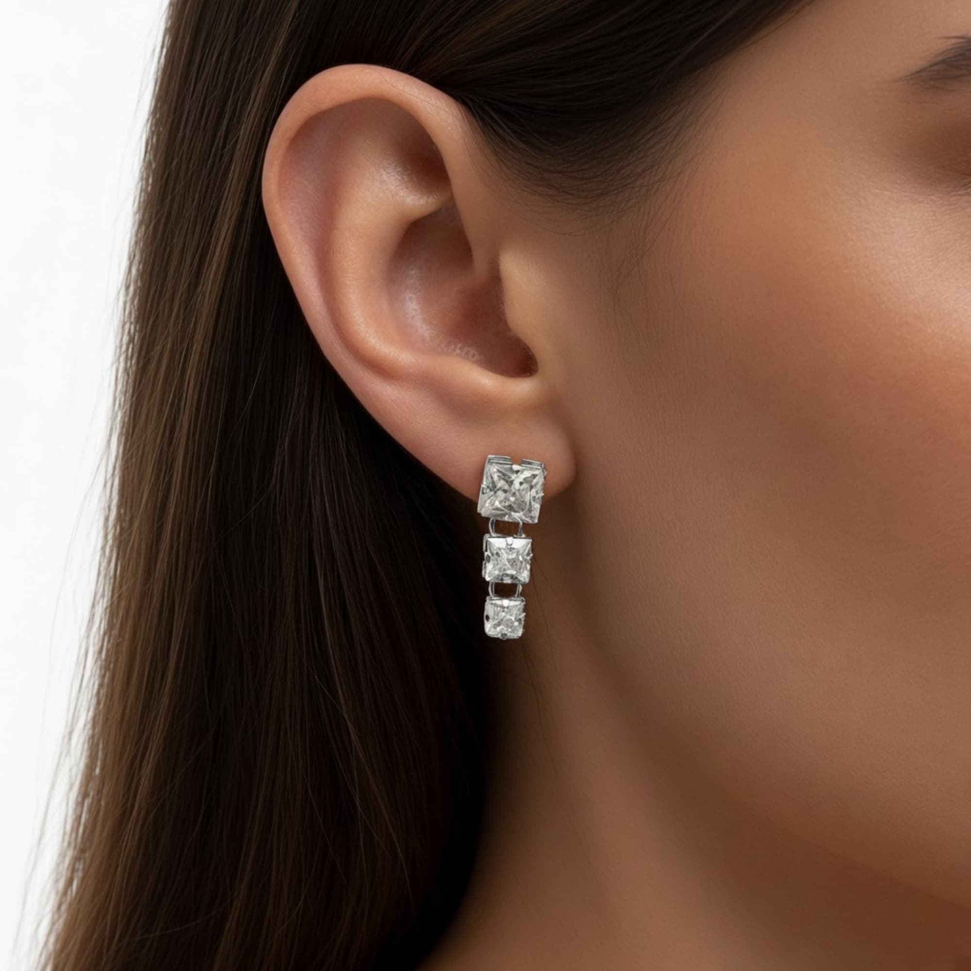 Brinco Trio Carré Cristal Prateado — miniatura 2